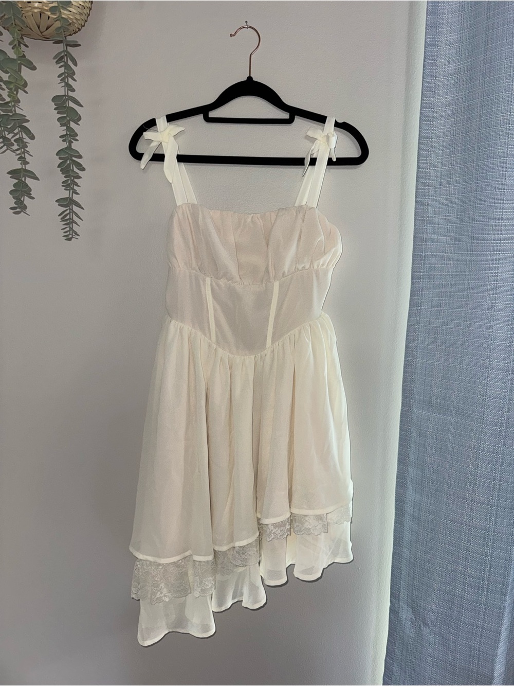 Cottagecore mini dress off white ruched top with ruffles bows corset style